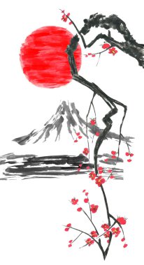 Oryantal geleneksel sumi-e boyama. Fuji Dağı, çiçeği sakura, günbatımı. Japonya güneş. Suluboya ve mürekkep illüstrasyon