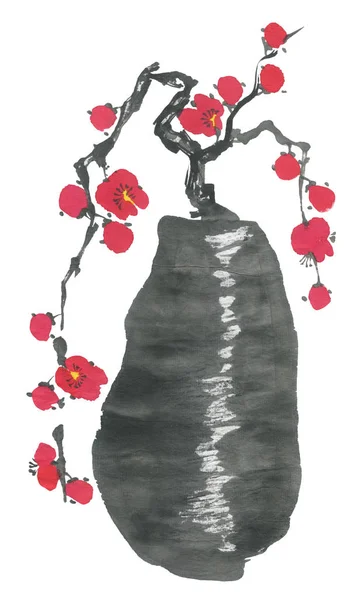 Une Branche Cerisier Fleurit Dans Vase Fleurs Roses Rouges Stylisées — Photo