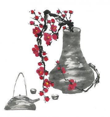 Chinese tea ceremony and a branch of a blossoming sakura.  Pink and red stylized flowers of plum mei and  wild cherry . Watercolor and ink illustration  in style sumi-e, go-hua. Oriental painting clipart