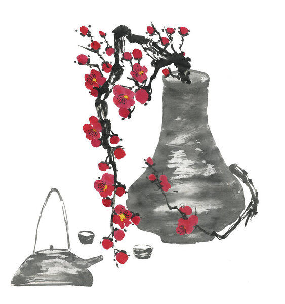 Chinese tea ceremony and a branch of a blossoming sakura.  Pink and red stylized flowers of plum mei and  wild cherry . Watercolor and ink illustration  in style sumi-e, go-hua. Oriental painting
