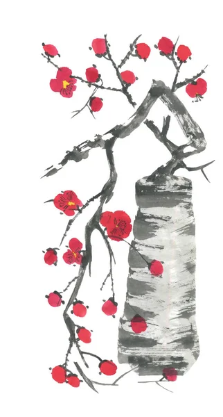花瓶の中の桜の枝 梅メイと野生の桜のピンクと赤の様式化された花 水彩画と木のイラストをスタイルSumi ゴーフア 東洋の伝統絵画 — ストック写真