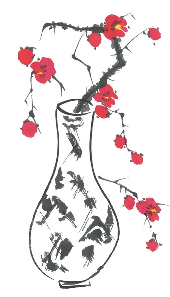 Ένα Κλαδί Από Άνθη Κερασιάς Ένα Βάζο Ροζ Και Κόκκινα — Φωτογραφία Αρχείου