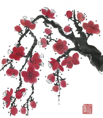 Çiçek açan bir sakuranın dalı. Erik mei ve yabani kiraz pembe ve kırmızı stilize çiçekler . Tarzı sumi-e, go-hua, u-sin ağacın Oryantal geleneksel illüstrasyon. Hiyeroglifler ile stilize baskı