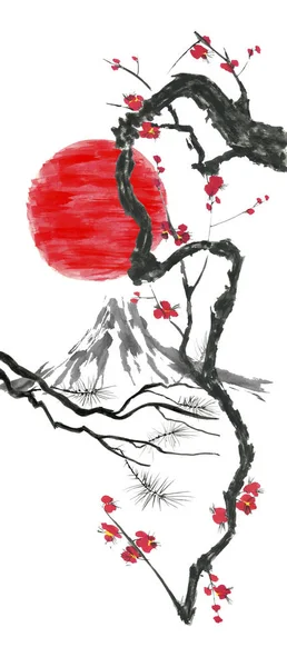 Ζωγραφική Ανατολίτικη Παραδοσιακή Sumi Βουνό Φούτζι Άνθος Sakura Ηλιοβασίλεμα Ιαπωνία — Φωτογραφία Αρχείου