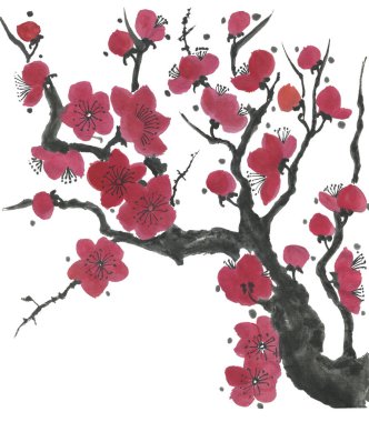 Çiçek açması sakura dalı. Pembe ve kırmızı erik çiçekleri stilize mei ve yabani kiraz. Suluboya ve mürekkep stili sumi-e, go-hua, u-sin ağacında Illustration. Oryantal geleneksel resim.