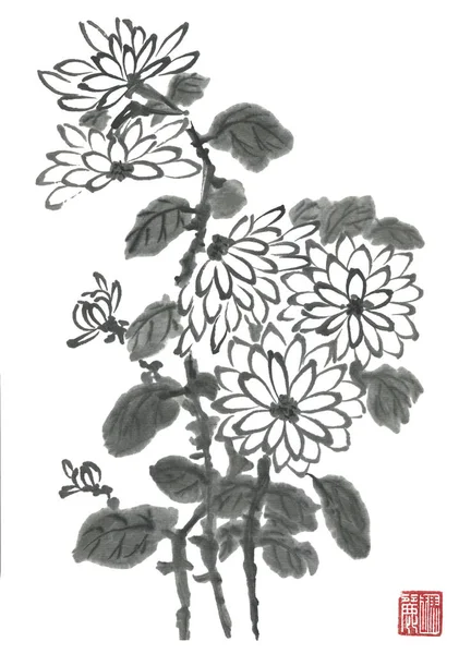 A hand drawing of flowers, on a ole paper colrish background. the flowers  have a contour in black, not too thick. the art is a little bit inspired by  old japanese art