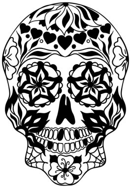 Ölü Kutlama Festivali ve Cadılar Bayramı 'nın Meksika bayramı. Poster, kart, parmak izi, amblem, imza, dövme ve tişört için şeker kafatası. Geçmişi. - Evet. Siyah ve beyaz vektör çizimi 