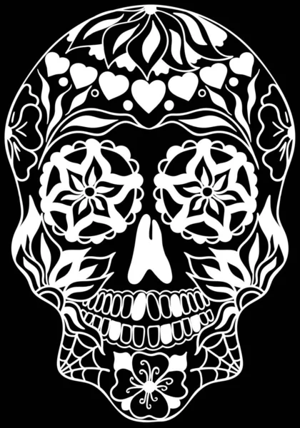 死んだお祝い祭りとハロウィーンのメキシコの休日の日 ポスター カード プリント エンブレム サイン タトゥー Tシャツのためのシュガースカル そうだ 白黒ベクトルイラスト — ストックベクタ