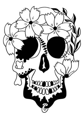 Ölü Kutlama Festivali ve Cadılar Bayramı 'nın Meksika bayramı. Poster, kart, parmak izi, amblem, imza, dövme ve tişört için şeker kafatası. Geçmişi. Vektör illüstrasyon Dia de los Muertos.