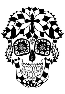 Ulusal desenli Meksika şeker kafatası. Poster, kart, baskı, amblem, imza, dövme ve tişört için tasarım öğesi. Ölü Kutlama Günü için siyah ve beyaz vektör illüstrasyonu