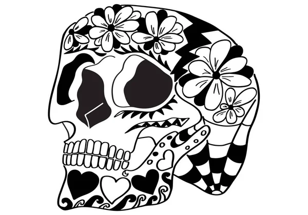 墨西哥糖骷髅与国家模式 印刷品 T恤的设计元素 死亡纪念日的黑白矢量图解 — 图库矢量图片