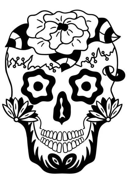 メキシコの砂糖の頭蓋骨だ ポスター カード プリント エンブレム サイン タトゥー Tシャツ用のデザイン要素 死んだお祝い祭の日のための黒と白のベクトルイラスト — ストックベクタ
