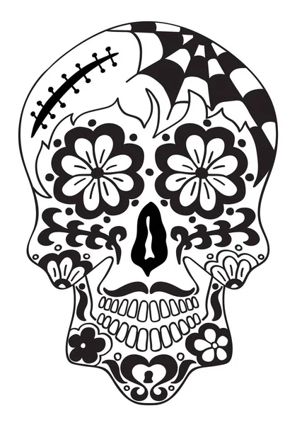 墨西哥糖骷髅与花卉设计和交叉 印刷品 T恤的设计元素 死亡纪念日的黑白矢量图解 — 图库矢量图片