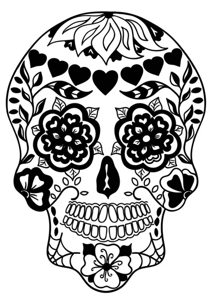 墨西哥的死亡节和万圣节假期 糖骷髅海报 印刷品 是的黑白矢量图解 — 图库矢量图片