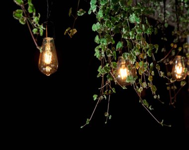 Sarı vintage ampuller ve tropikal yeşil yaprakları tasarımı. Garland Retro güzel lamba ışıkları ile siyah arka plan üzerinde renkli ışıklar.