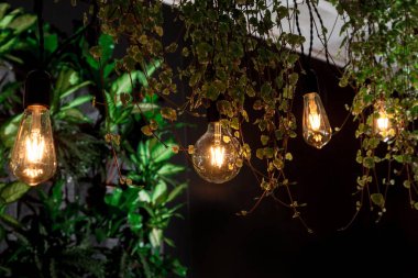 Sarı vintage ampuller ve tropikal yeşil yaprakları tasarımı. Garland Retro güzel lamba ışıkları ile siyah arka plan üzerinde renkli ışıklar.