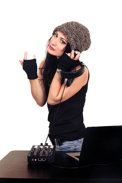 Fashion Woman Hat Cannabis Headphones Listening Music White Background Brunette — Stock Photo, Image