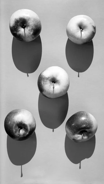 Ripe five apples on a gray background, light and shadow concept. Black and white picture from above, top view.