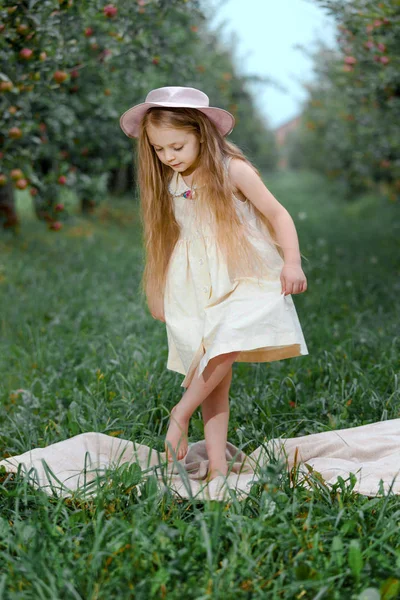 Kleines Mädchen Weißem Kleid Und Hut Apfelgarten — Stockfoto