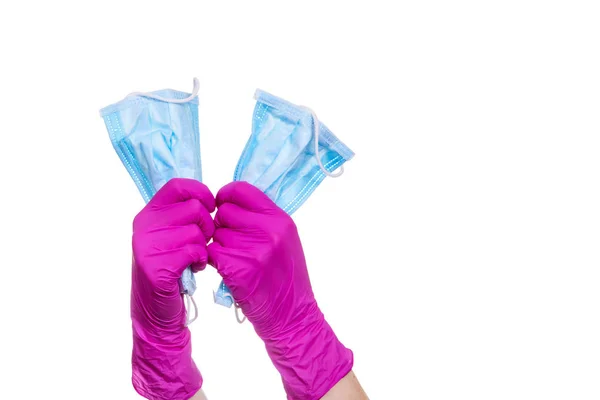 Female Hands Pink Medical Gloves Hold Face Mask Concept Protection — Stock Photo, Image