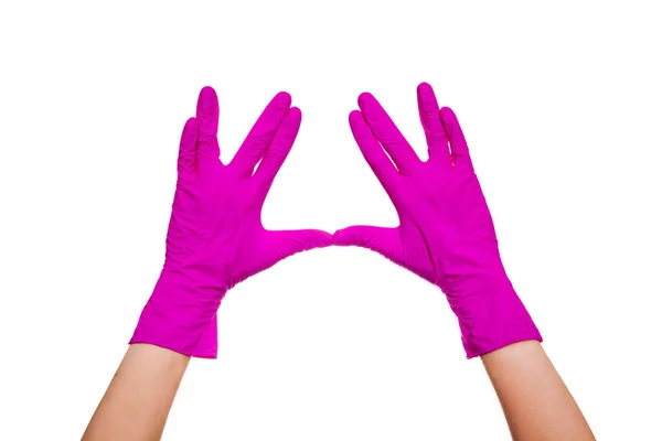 Female Hands Purple Medical Gloves White Background — Stock Photo, Image