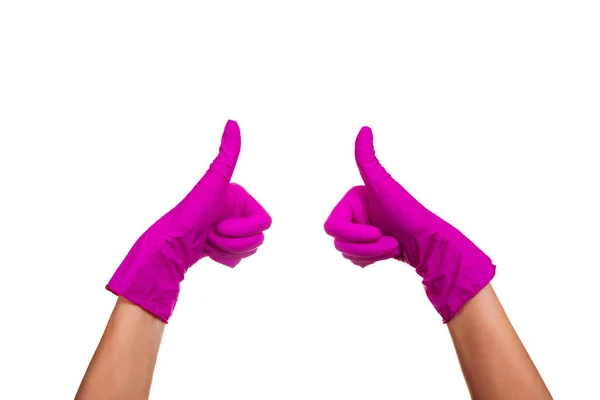 Γυναικεία Χέρια Μωβ Ιατρικά Γάντια Δείχνει Εντάξει Σημάδι Δύο Βραχίονες — Φωτογραφία Αρχείου