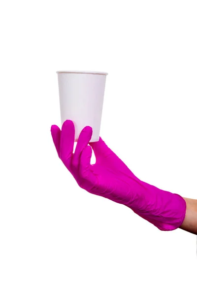 Female Hand Purple Medical Gloves Holding White Paper Cup Arm — Stock Photo, Image