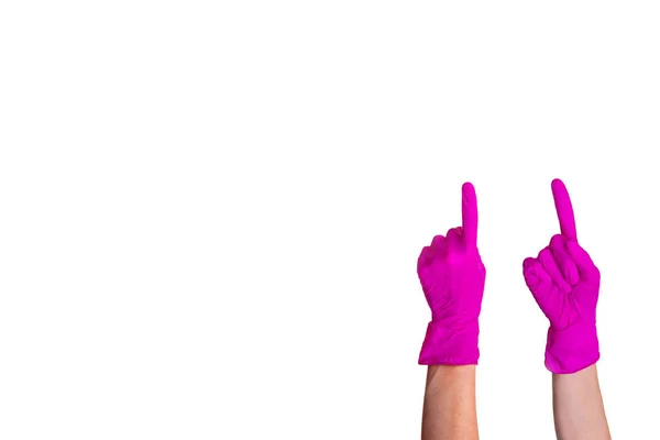 Kvinna Händer Lila Medicinska Handskar Visar Sätt Pekfingret Två Armar — Stockfoto
