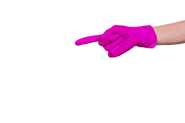 Kvinnlig Hand Lila Medicinsk Handske Visar Sätt Pekfingret Arm Isolerad — Stockfoto