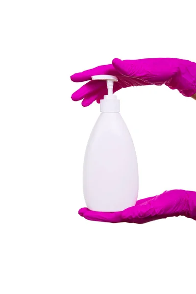Female Hands Purple Medical Glove Holds Bath Products Women Hands — Stock Photo, Image