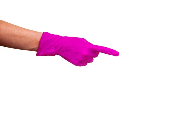 Female Hand Purple Medical Glove Showing Way Index Finger One — Stock Photo, Image