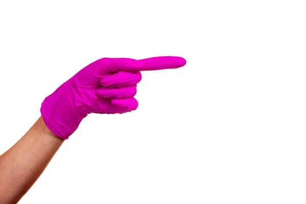 Female Hand Purple Medical Glove Showing Way Index Finger One — Stock Photo, Image