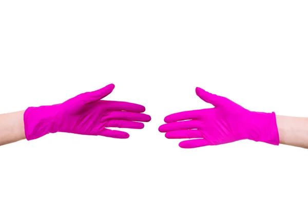 Female Hands Nurse Doctor Pink Medical Gloves Hold Hands Old — Stock Photo, Image