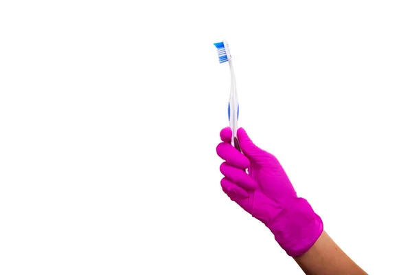 Female Hands Purple Medical Gloves Holding Toothbrush Arms Dentist Clean — Stock Photo, Image