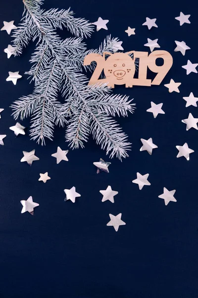 Weißer Zweig Eines Weihnachtsbaums Auf Blauem Hintergrund Mit Sternen Und — Stockfoto