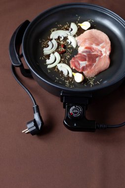 Elektrikli tava etli tablo. Herhangi bir yerde yemek pişirmek için bağımsız yardımcı tava.
