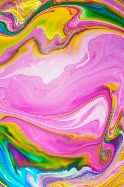 Абстрактные Розовые Желтые Зеленые Акриловые Краски Вид Макромира Через Микроскоп — стоковое фото