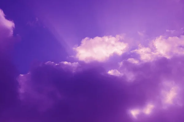 Beautiful purple sky with clouds. Great rays of the sun shine through the clouds.