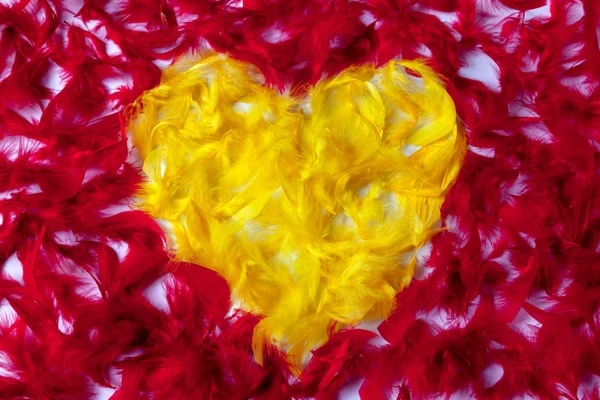 Colorful background of soft fluffy bird feathers. Texture of red and yellow feathers with yellow heart in the centre.