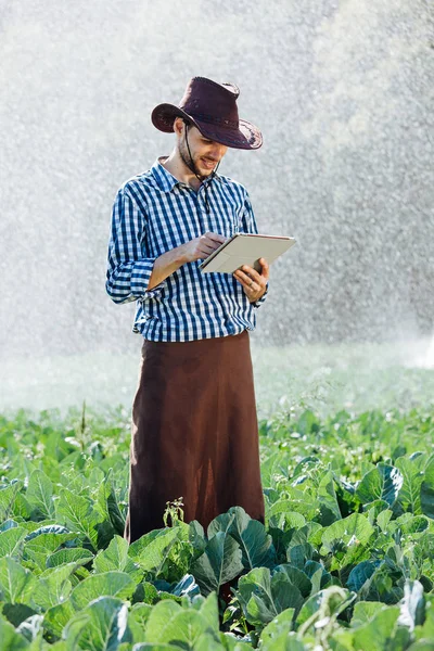 Agricultor hombre agrónomo sol trabajador comprobar tableta digital ordenador plantación tecnología sombrero sistema de riego agua — Foto de Stock