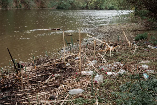 çöp plastik nehir Ukrayna doğa şişe kir su çöp atık