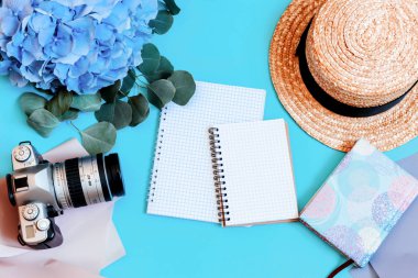 mavi ortanca üst görünüm arka plan yaprakları buket şapka kamera fotoğraf pedi not defteri sayfa güneş gözlüğü pembe kopya alanı