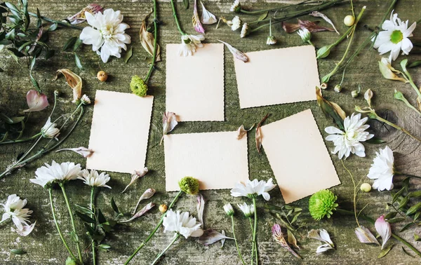 Foglia verde rosa fiori bianco vecchio legno fondo vista dall'alto campagna lato notebook fogli pad — Foto Stock