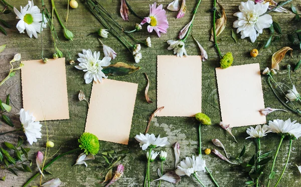 Foglia verde rosa fiori bianco vecchio legno fondo vista dall'alto campagna lato notebook fogli pad — Foto Stock