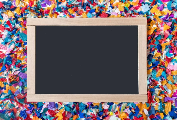 School Shopping Black Board Bright Confetti Background — Stock Photo, Image