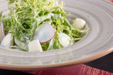 Çok lezzetli sebze salatası. Vitaminler, otlar, sağlıklı ve sağlıklı gıda.