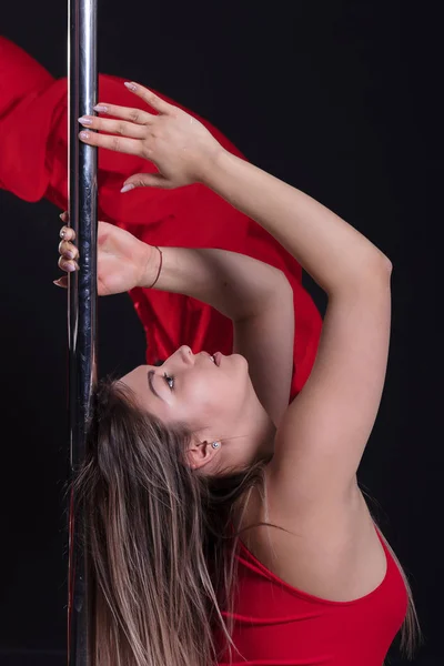 Beautiful girl dances the erotic dance on the pole. Private dance for men. Beautiful Striptease in a nightclub
