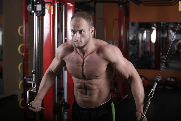 bir adam spor salonunda vücut geliştirme çalışmaktadır, çıtayı yükseltiyor ve kasları trenler.