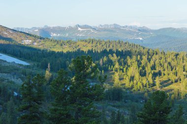 Çok güzel dağ manzarası. Sibirya'daki dağ geçidinden panoramik bir manzara
