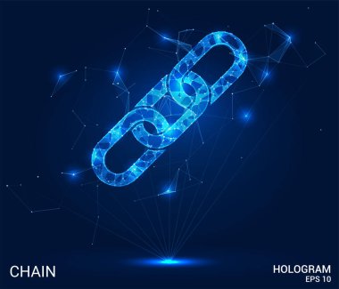 Hologram zinciri. Bir çokgen zinciri, üçgenler, noktalar ve doğrular. Zincir düşük-polyester bağlantı yapısıdır. Teknoloji konsepti